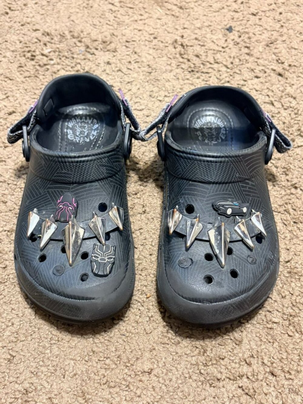 Unisex Kids Black‎ Panther Wakanda Forever Black Purple Crocs Size 4 4Y